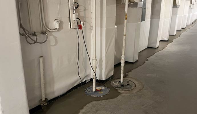 A finished basement waterproofing project featuring white wall vapor barriers and dual sump pump systems installed in a concrete floor.