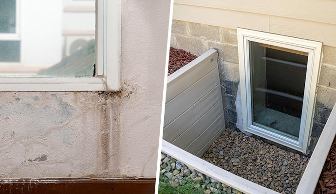 Collage of leaking window sill and window well issues
