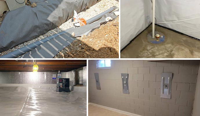 Collage of sump pump, drainage system, dehumidification, and basement wall installation services