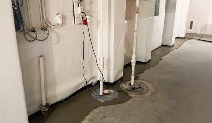 Basement with vapor barrier walls and dual sump pumps