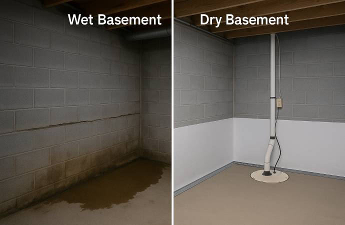 Before After Wet Basement Waterproofing Bloomington Indiana