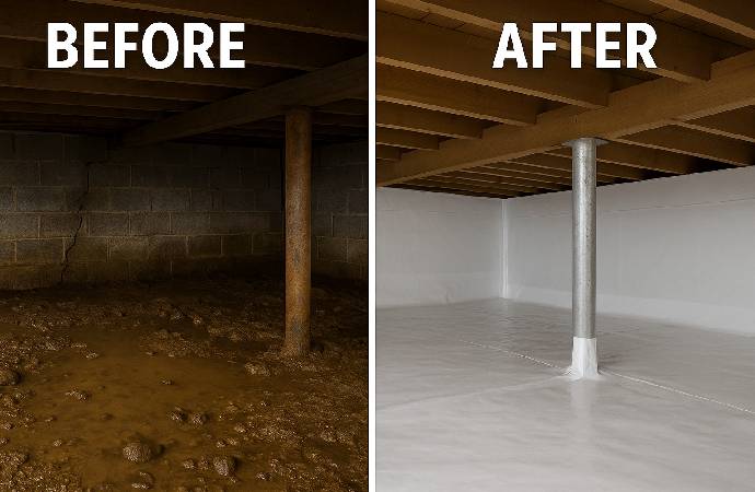 Before and After Crawl Space Waterproofing and Encapsulation