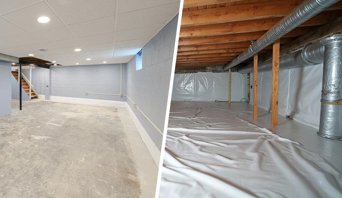 Collage showing basement and crawl space areas