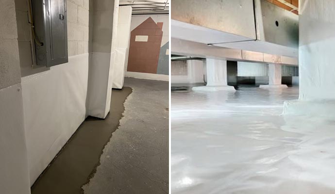 Collage of basement drainage and crawl space vapor barrier services