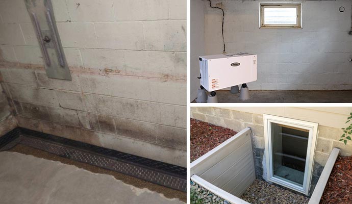 Collage of basement drainage, dehumidification system, and window installation