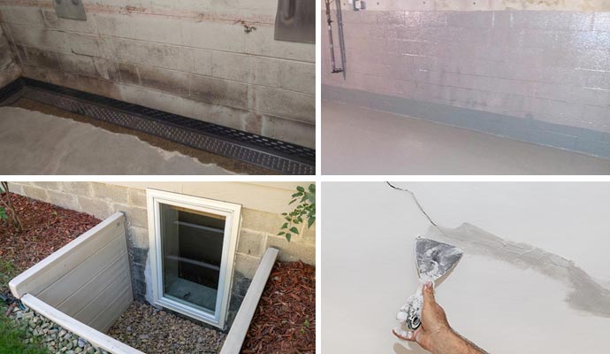 Collage of basement drainage system, wall system, basement window and crack sealing service