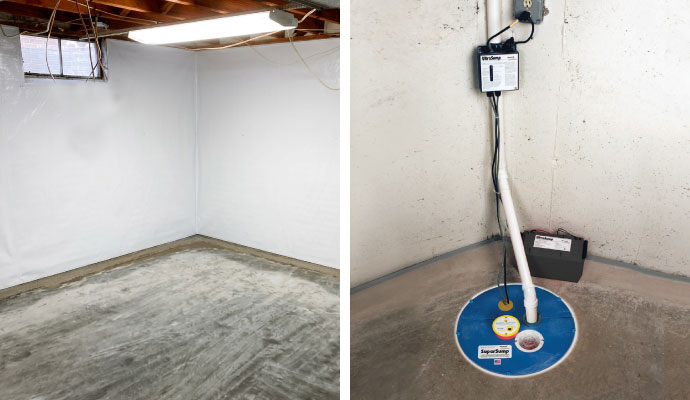 Collage of waterproofed basement and installed sump pump system