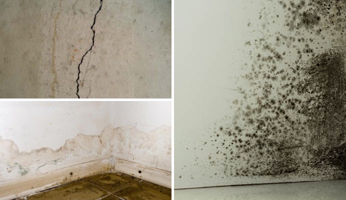 Collage of cracked foundation wall, stained wall and mold damaged wall