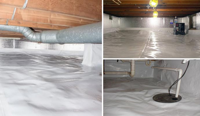 Collage of crawl space encapsulation, dehumidification and installed sump pump system