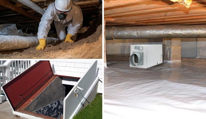 A collage crawl-space repairing, installed crawl-space access and dehumidifier