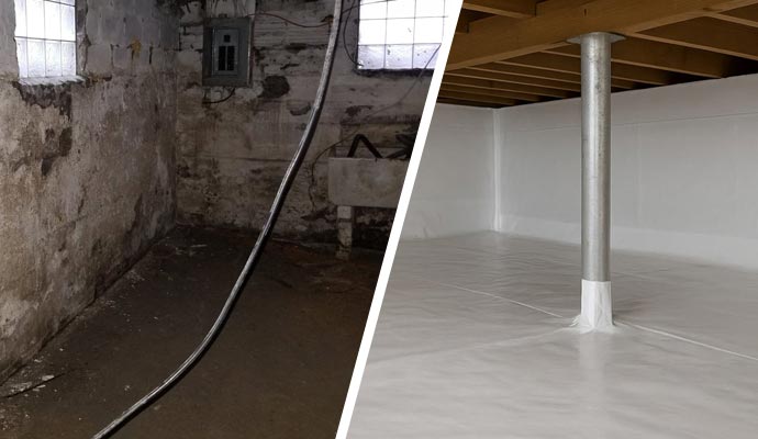 Collage of damp basement and crawlspace encapsulation
