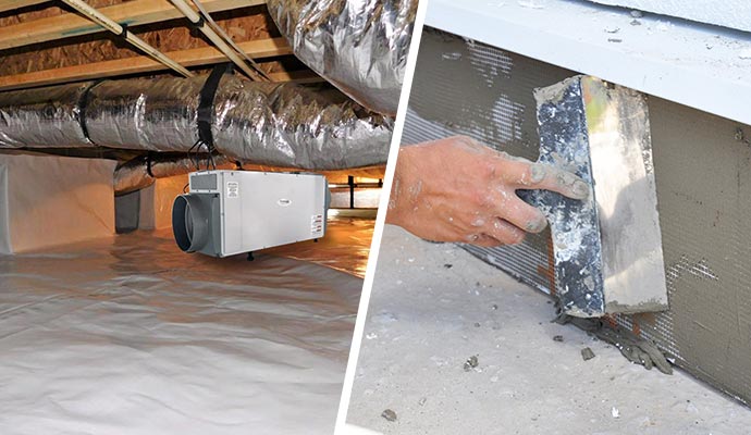 Collage of dehumidifier in crawl space and foundation repair Collage of dehumidifier in crawl space and foundation repair
