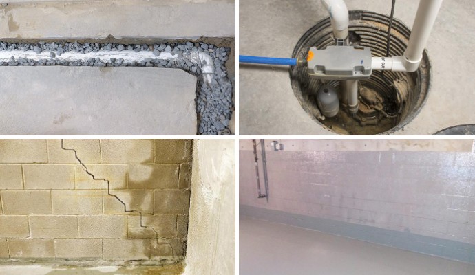 Collage of different basement solutions Collage of drainage system, sump pump, cracked and repaired basement walls