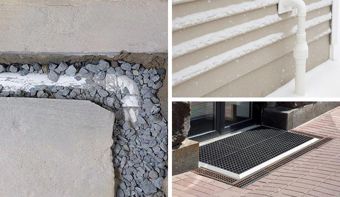 Collage of drainage pipe, exterior vent, and entryway mat