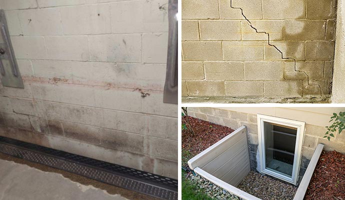 Collage of drainage system, cracked wall and basement window