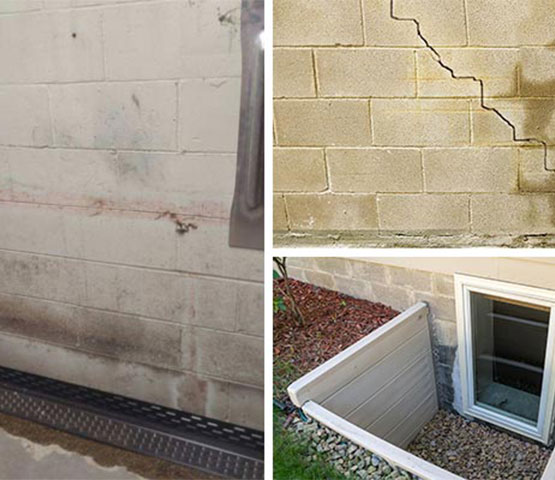 Collage of drainage system, wall crack, and basement window Collage of drainage system, wall crack, and basement window