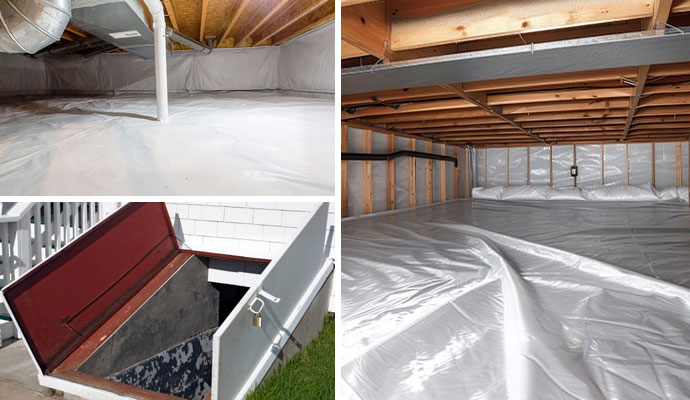 Collage of encapsulated crawl space, crawl space access door and waterproofed crawl space