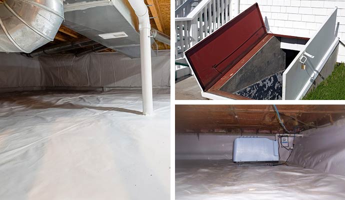A collage showing professional crawl space encapsulation, an access door for crawl and a high-capacity dehumidifier system