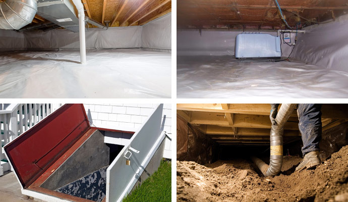 Collage of encapsulated crawl space, dehumidifier in crawl space, access door and crawl space repairing service