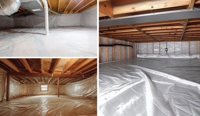 Collage of encapsulated ventilated waterproofed crawl spaces