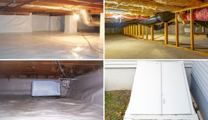 Collage of encapsulation, dehumidification, ventilation, and crawl space access