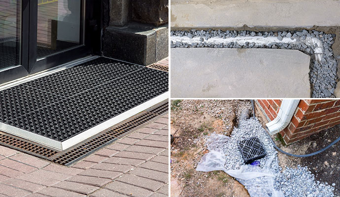 Collage of entryway drainage, french drain and downspout extension