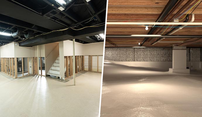 Collage of finished basement and crawl space