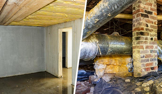Collage of flooded basement and damaged crawl space
