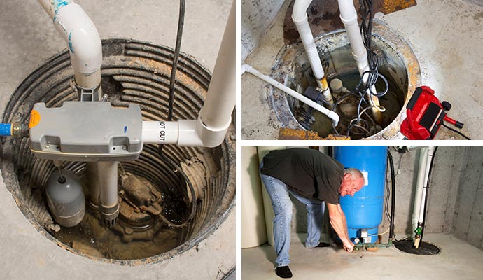 Collage of sump pump installation and maintenance