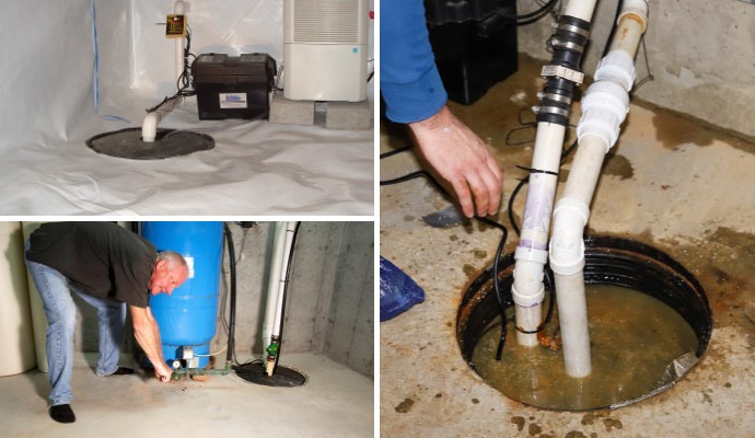 Collage of sump pump installation, repair, and maintenance services