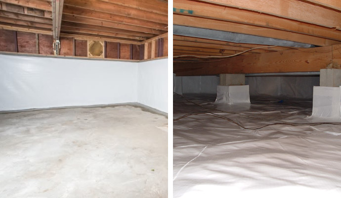 Collage of waterproofed basement and crawl space
