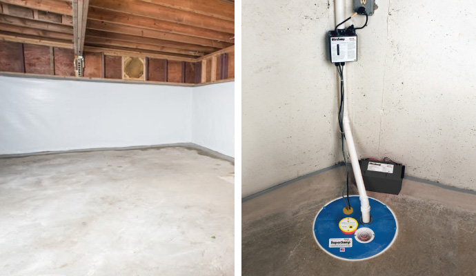 Collage of waterproofed basement and installed sump pump