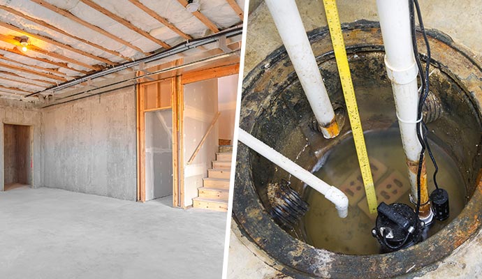 Collage of waterproofed basement and installed sump pump system
