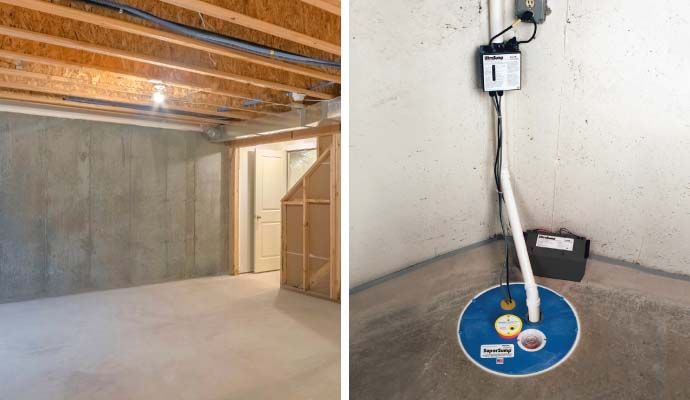 Collage of waterproofed basement and sump pump Collage of waterproofed basement and installed sump pump