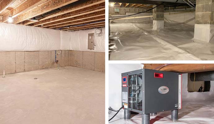 Collage of waterproofed basement, crawl space and dehumidifier services