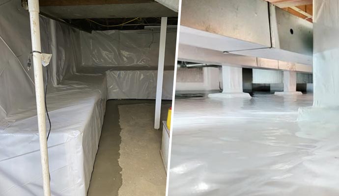Collage showing waterproofed crawl spaces lined with white vapor barriers for
moisture protection