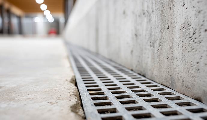 Concrete floor trench drain system for water mitigation