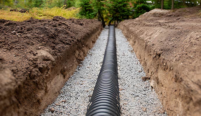 A black corrugated perforated drainage pipe laid in a deep trench filled with grey gravel for an exterior French drain system