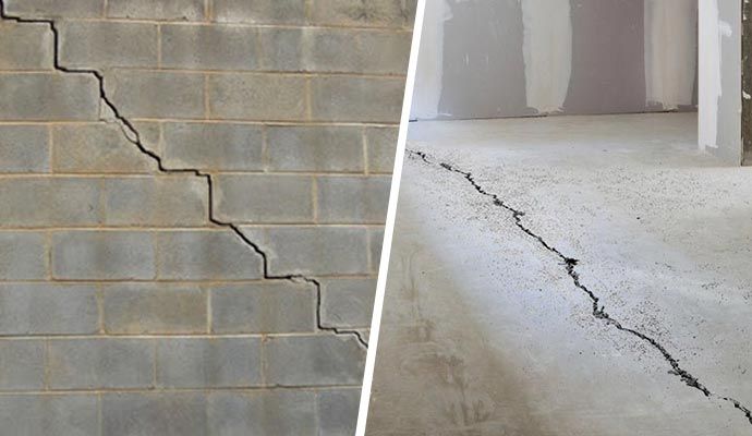 Collage of cracked foundation wall and floor