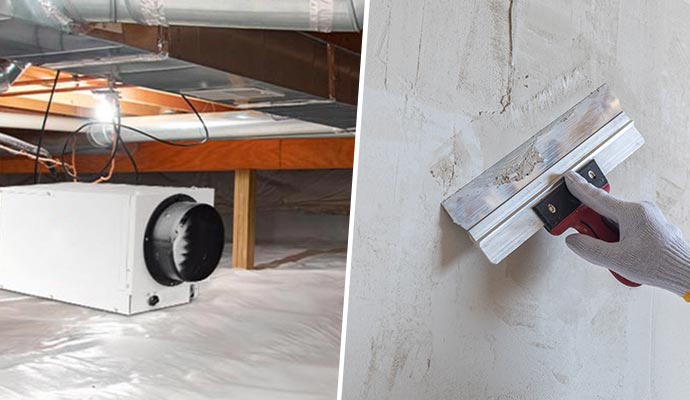 Collage of a crawl space with a dehumidifier installed on a white vapor barrier and wall repair using a hand trowel