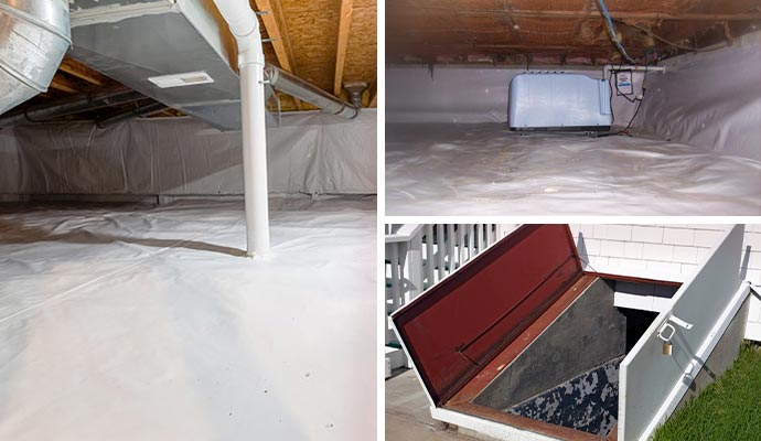 Collage of crawl space encapsulation, dehumidifier, and access door