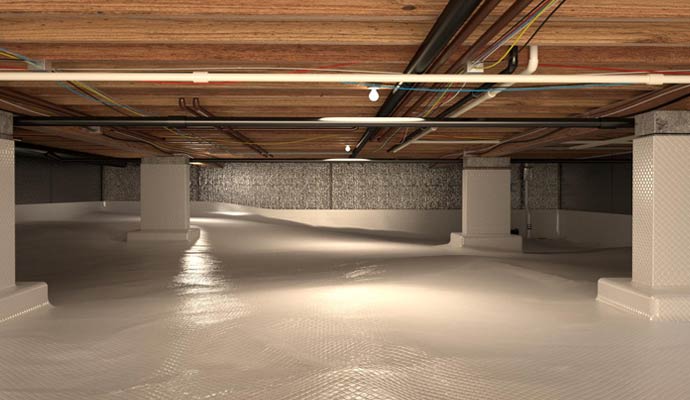 A professionally encapsulated crawl space with a bright white vapor barrier covering the floor and support piers to prevent moisture