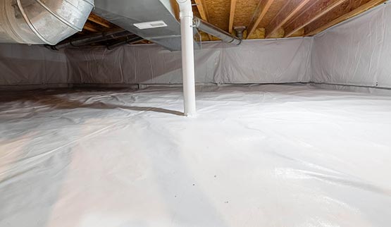 crawl space fully encapsulated with thermoregulatory blanket and dimple board