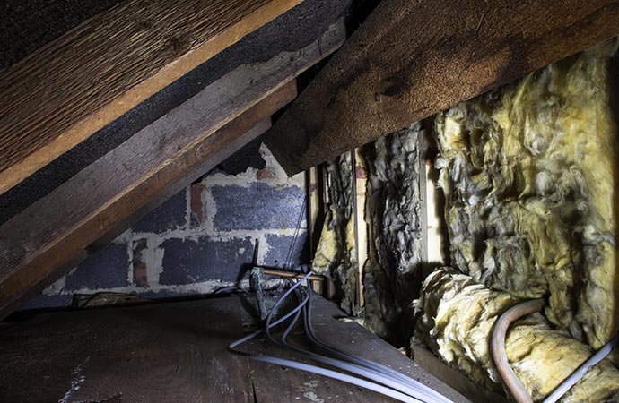 Crawl space with outdated fiberglass insulation