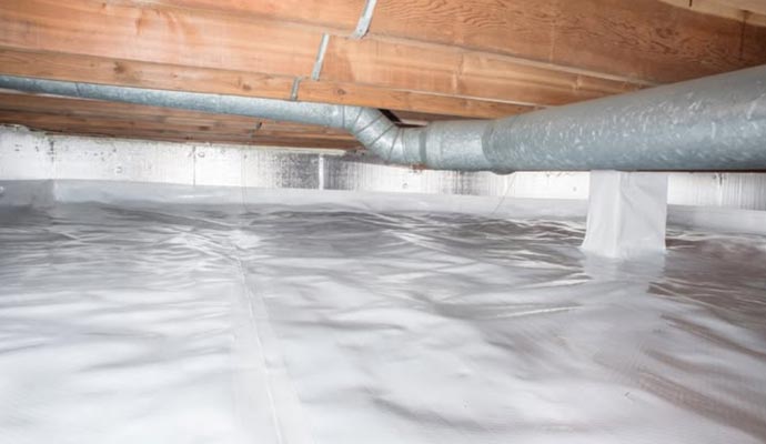 Crawl space with white vapor barrier