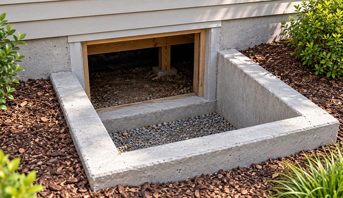 Concrete crawl space access well with gravel base