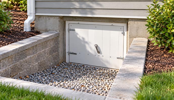 Crawl space access well door with retaining wall Crawl space access well door with retaining wall