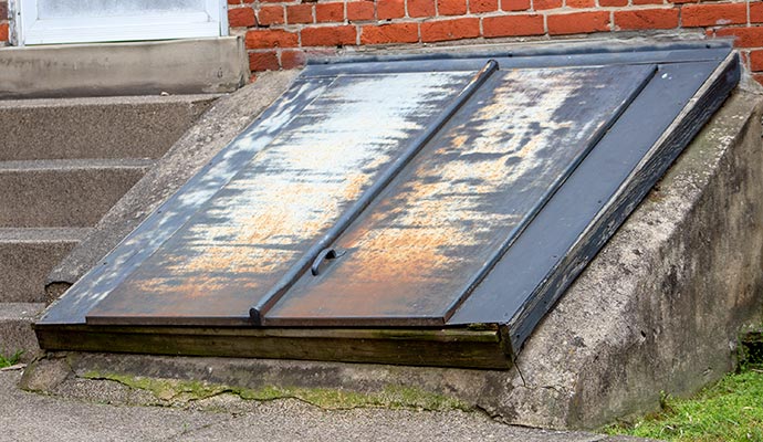 Damaged and rusted crawl space access door