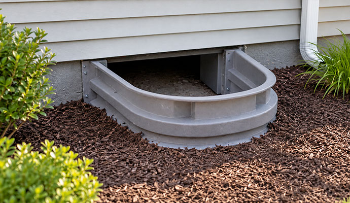 Exterior crawl space access well surrounded by mulch