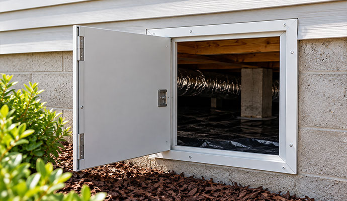 White crawl space access panel door on foundation